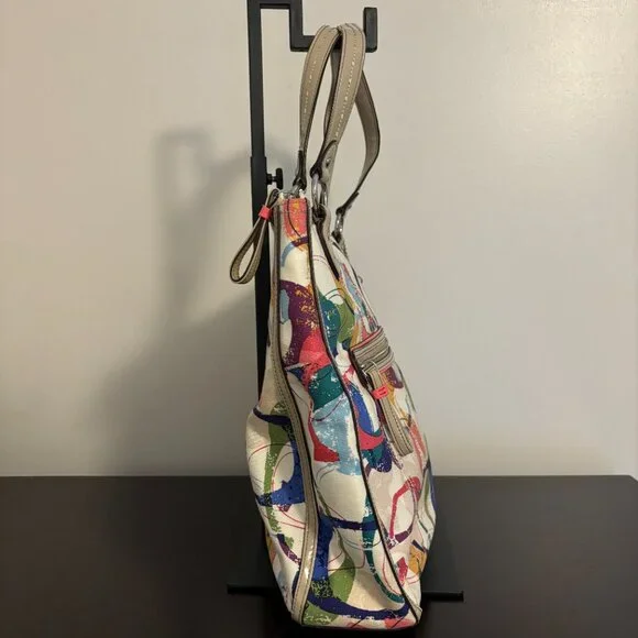 Coach Poppy Colorful Signature Canvas Hallie East/West Taupe Patent Leather Tote - Picture 3 of 14